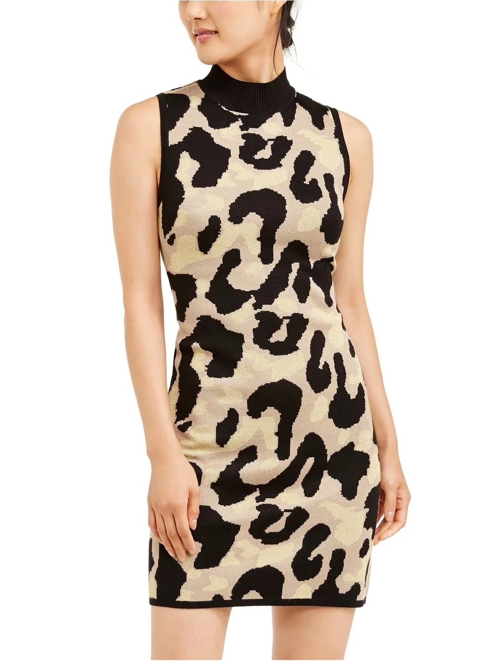 Planet Gold Glitter Leopard Print Sweater Dress Mock Neck Sleeveless Mini